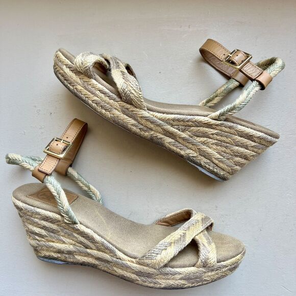 Tory Burch Camelia Tan Taupe Blended Jute Espadrille Wedge Sandal Ankle Strap 10 - Picture 3 of 16